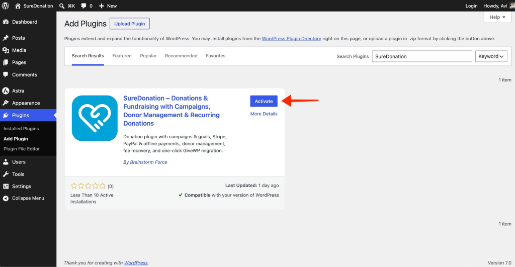 Activate donation plugin
