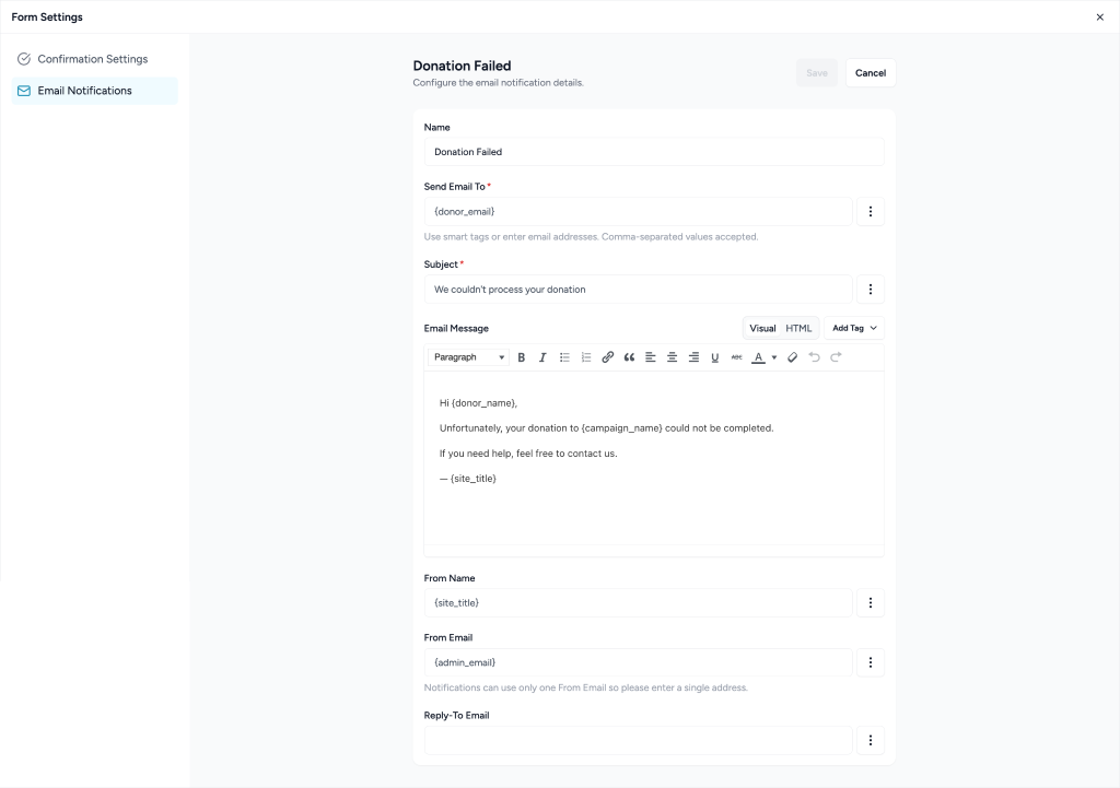 Donation email settings form
