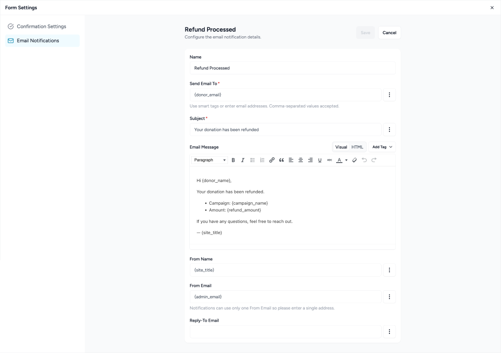 Email notification settings for refunds