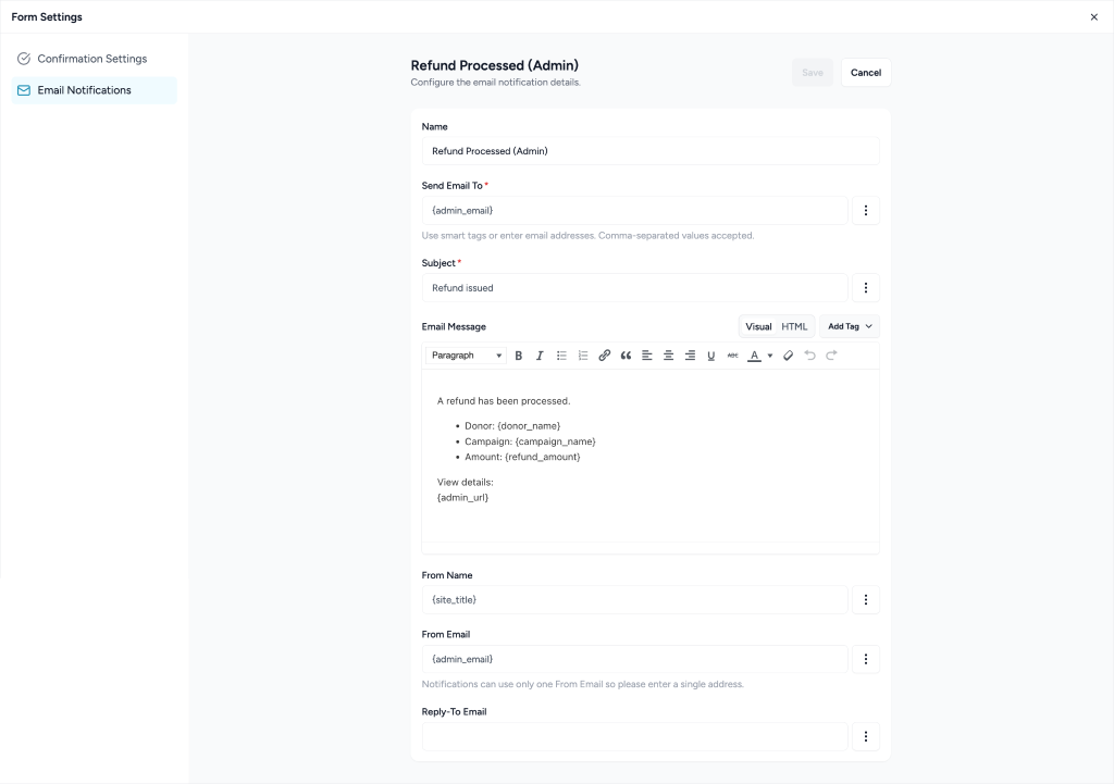 Refund notification settings form