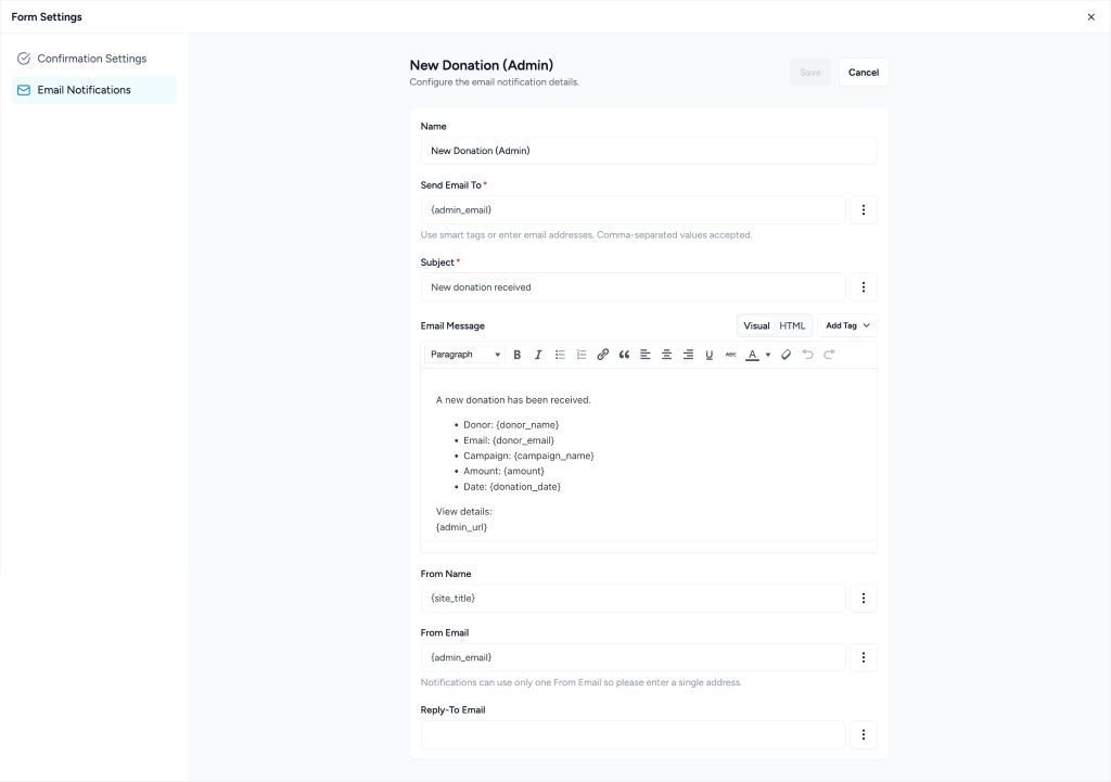 New donation email settings