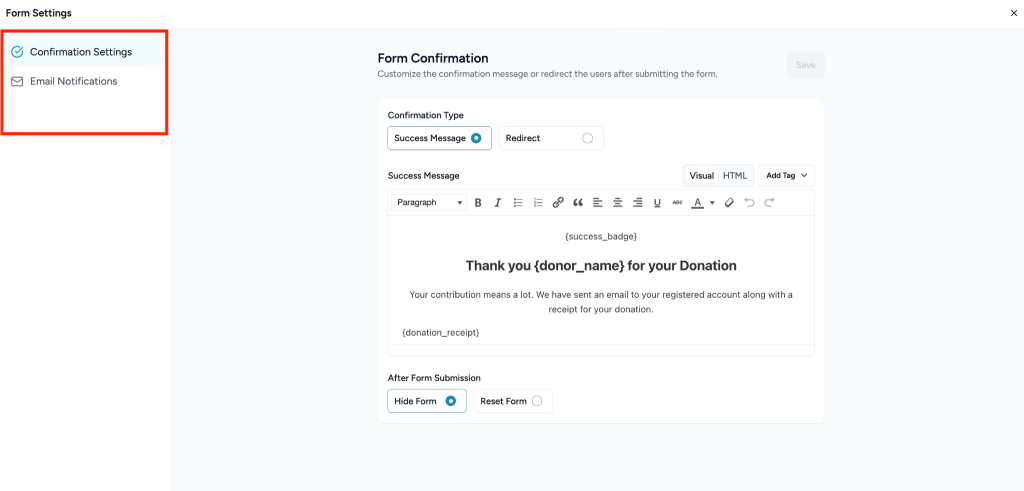 Form Confirmation and Email Notifications settings