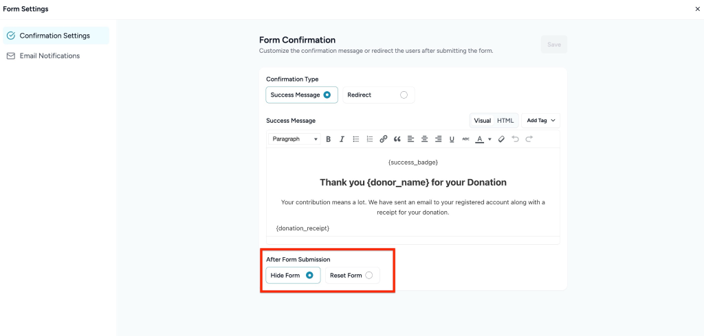 Form submission settings for donors