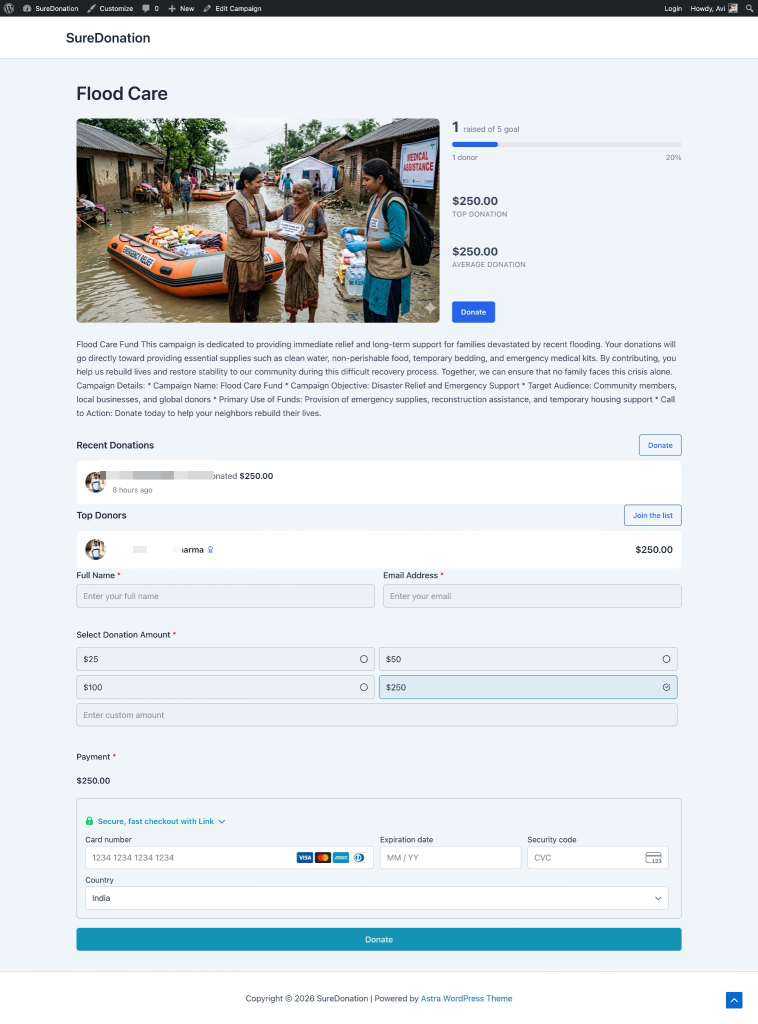 View a SureDonation Campaign on the Frontend FontEnd view