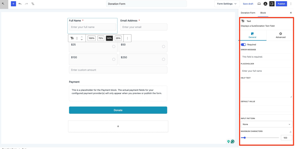 Text Field in SureDonation Donation form text field settings