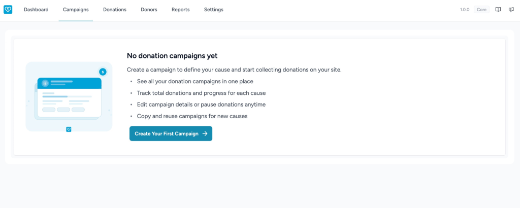 Creating Your First Campaign in SureDonation Create donation campaign interface