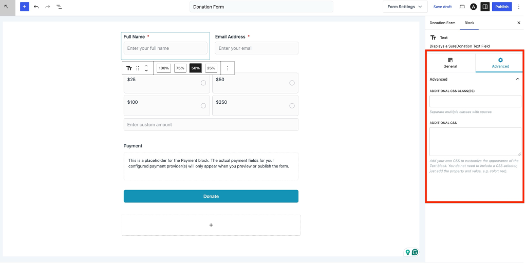 Text Field in SureDonation Donation form block settings en-US