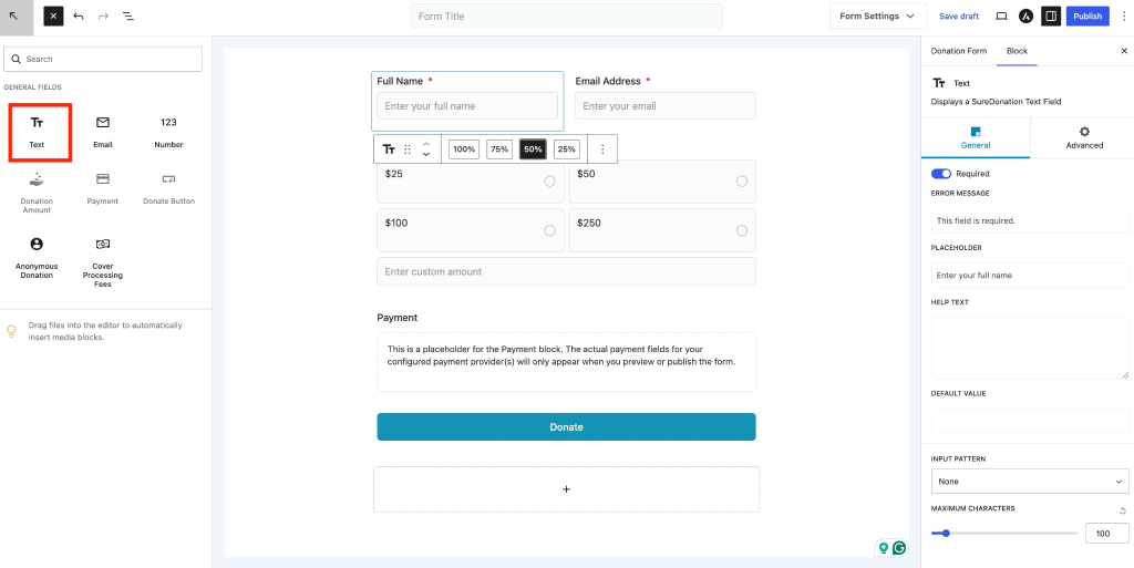 Text Field in SureDonation Adding text field to donation form