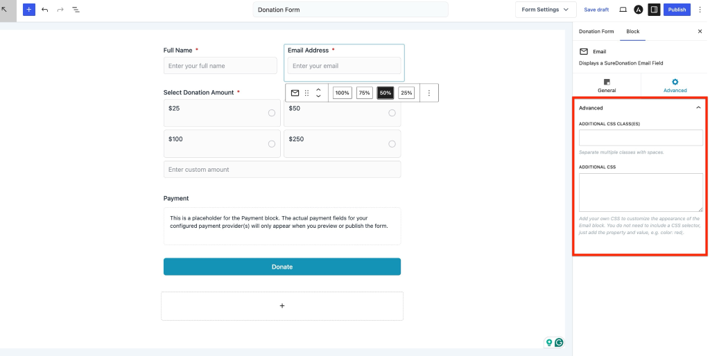 Donation form customization options.