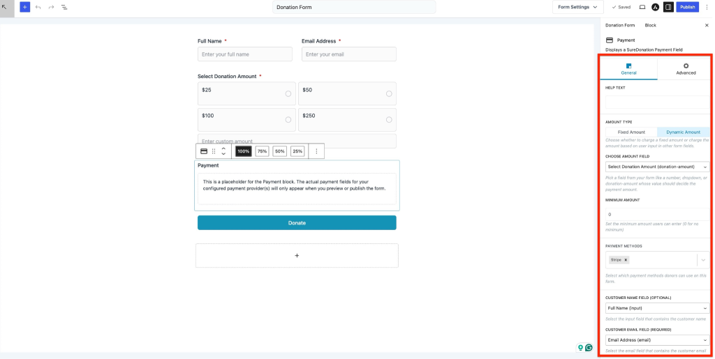 Donation form payment settings