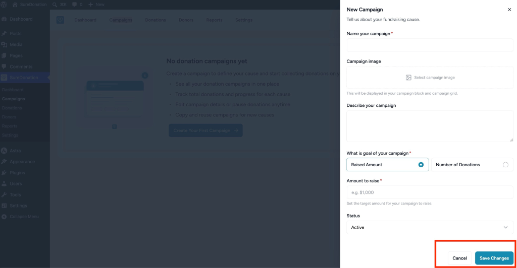 Creating Your First Campaign in SureDonation Create new donation campaign form