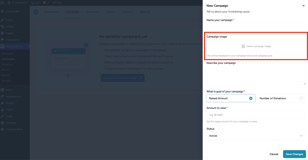 Creating Your First Campaign in SureDonation Select campaign image for donation