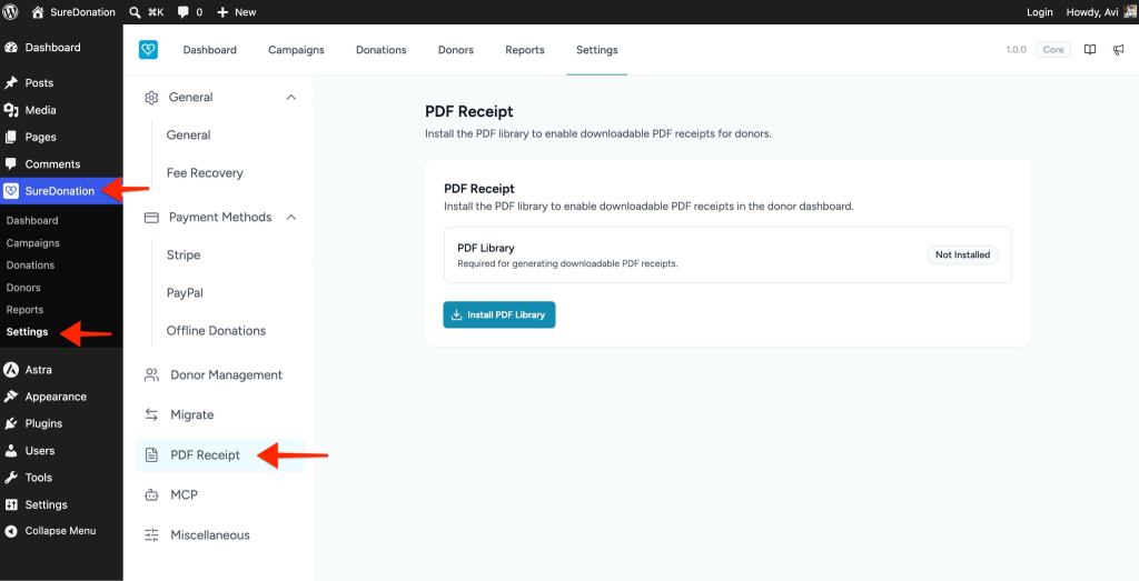 PDF receipt settings page.