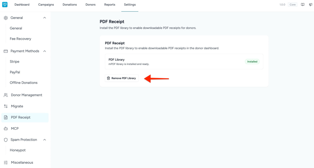 Remove PDF Library button