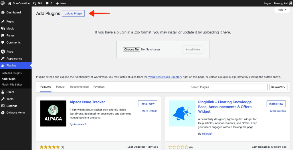 Upload plugin button highlighted
