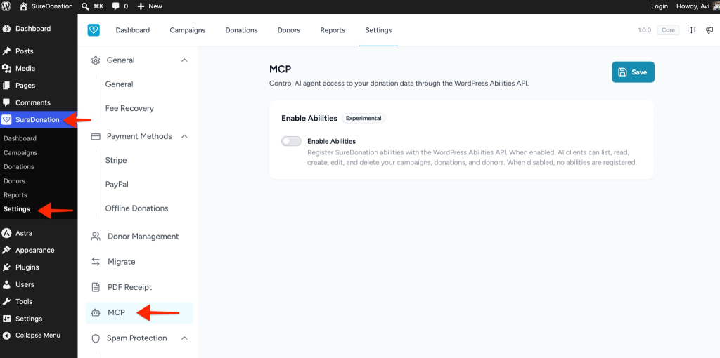 MCP settings page