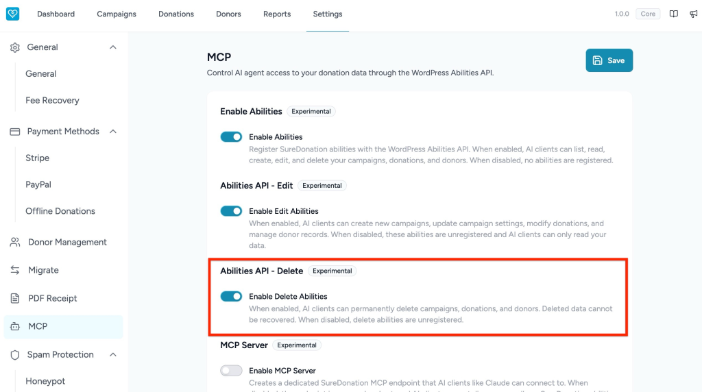 MCP settings page