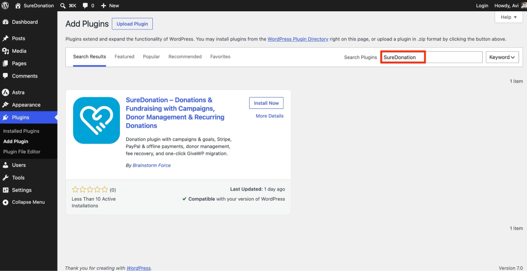 SureDonation plugin search results