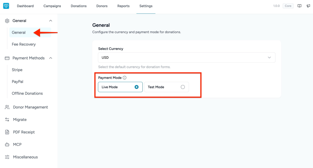 Connecting PayPal in SureDonation General Settings Live, test mode