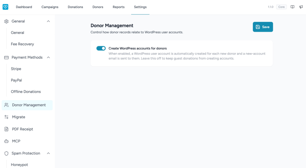 Configuring Donor Management in SureDonation Turn on the toggle to enable the setting.