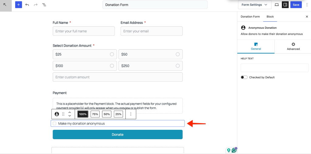 Donation form anonymous option