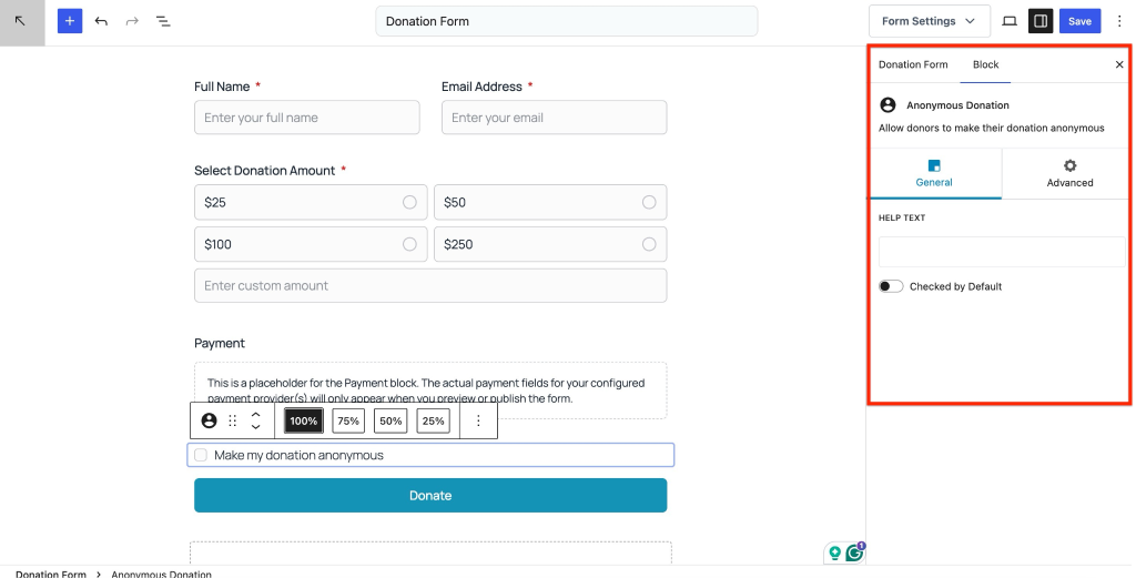 Anonymous donation settings in form.