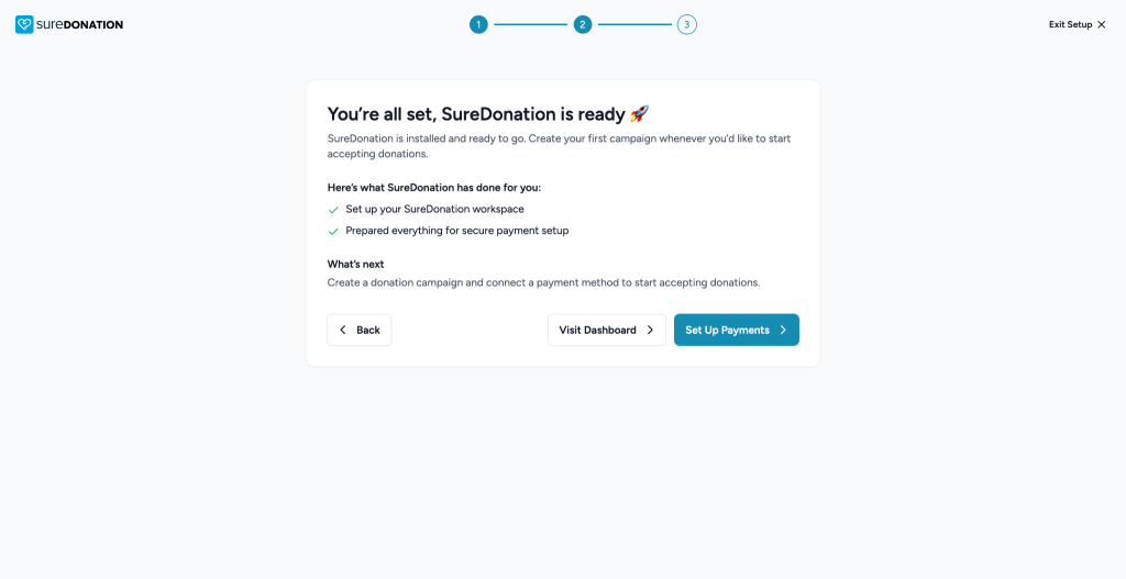 SureDonation setup complete success message