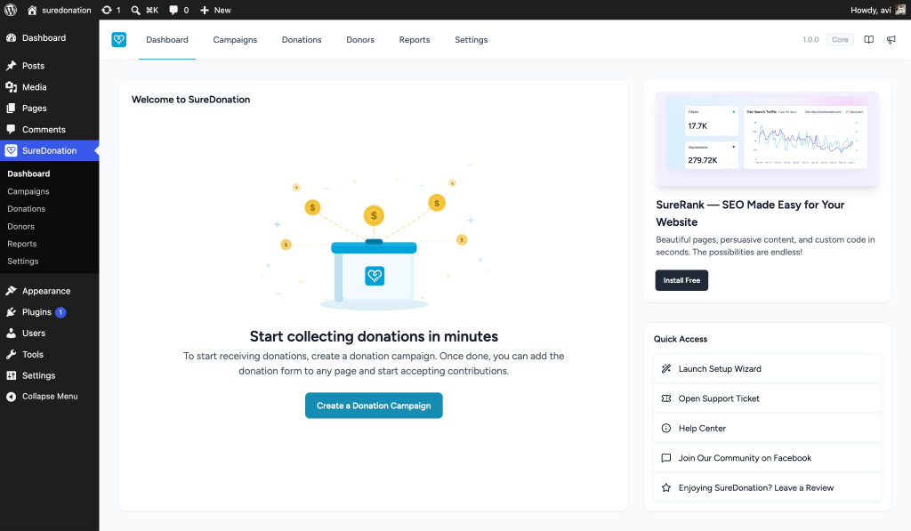 SureDonation dashboard with donation graphic