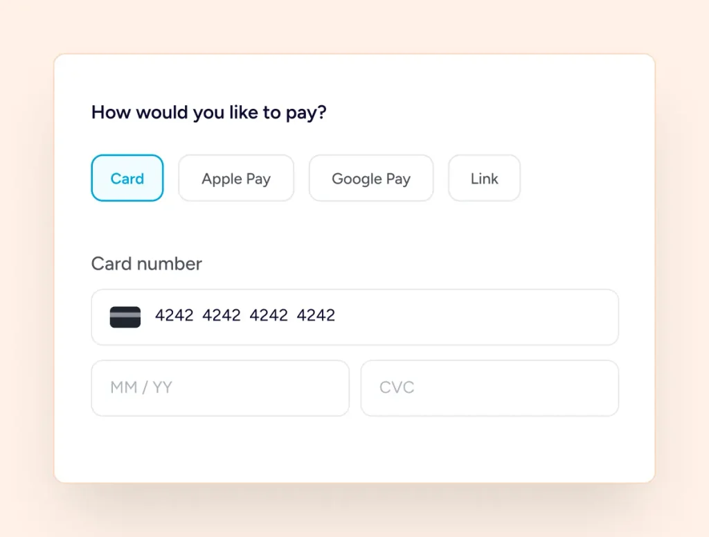 Payments Card payment options and fields.