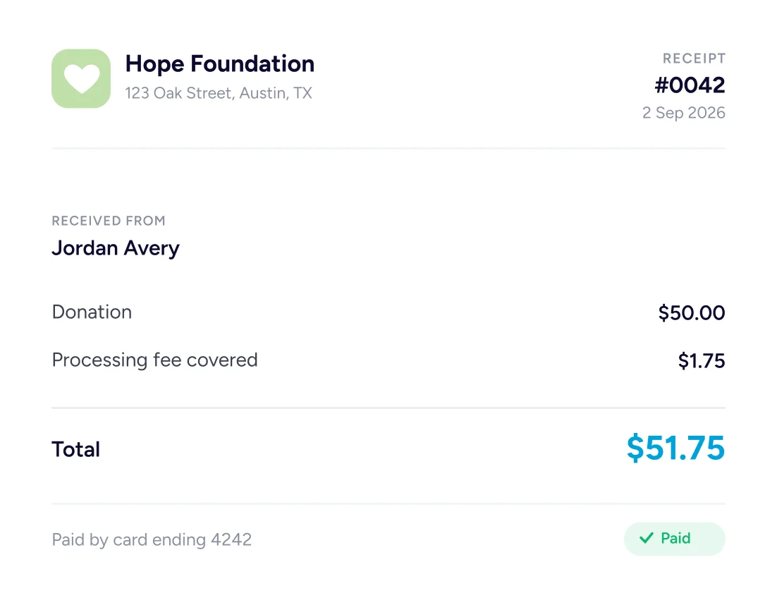 Hope Foundation donation receipt