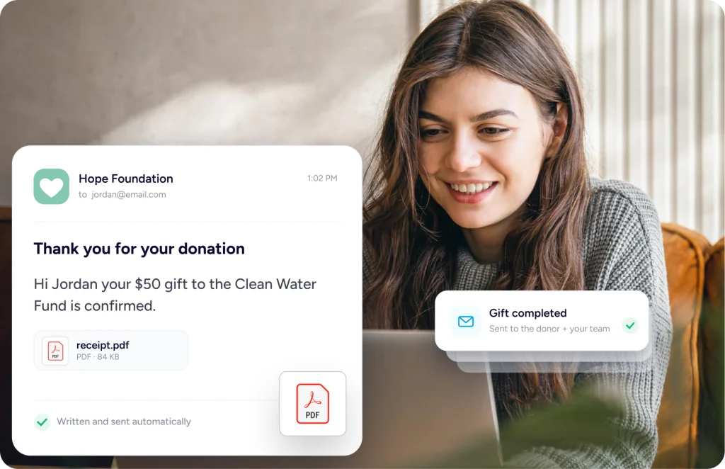 Donation confirmation email and gift.