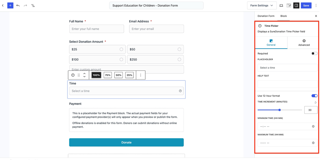 Time Picker Field in SureDonation Donation form time picker settings