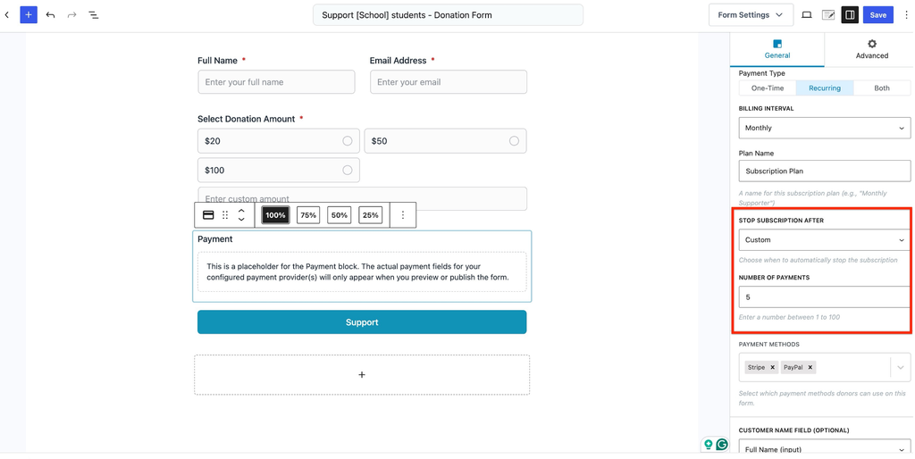Donation form settings, custom.
