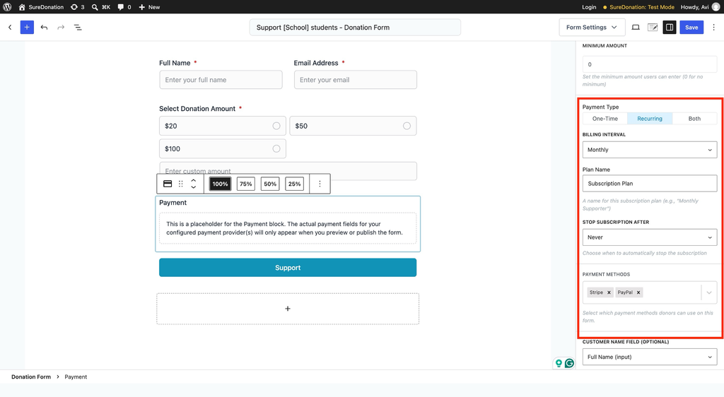Donation form payment settings.