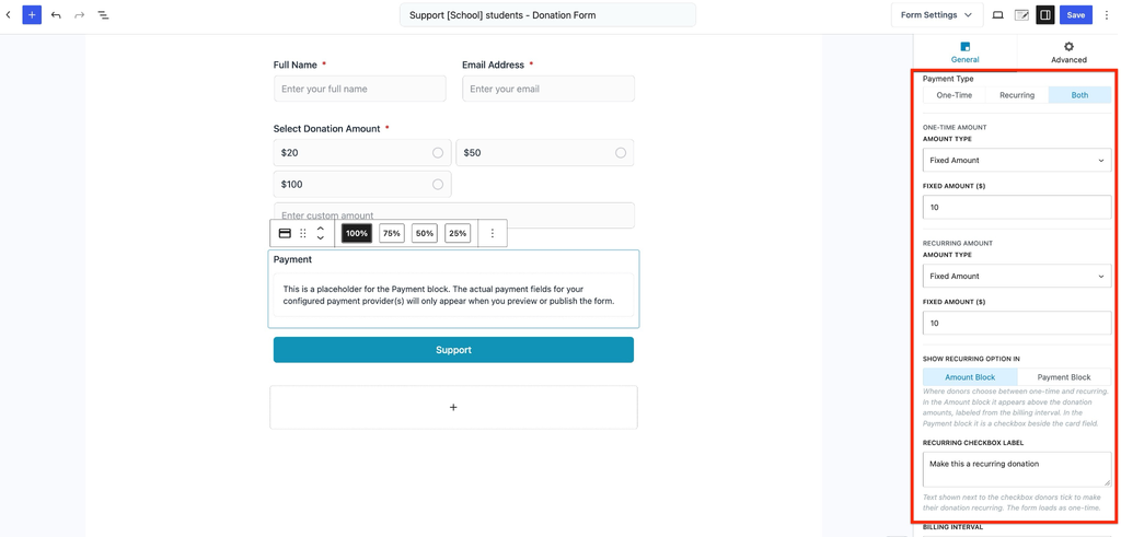 Donation form payment settings