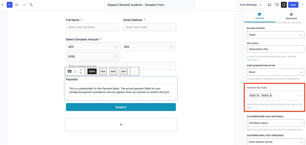Donation form payment settings