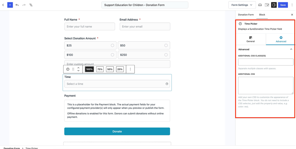 Time Picker Field in SureDonation Donation form time picker settings