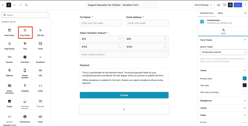 Time Picker Field in SureDonation Time picker form field selection