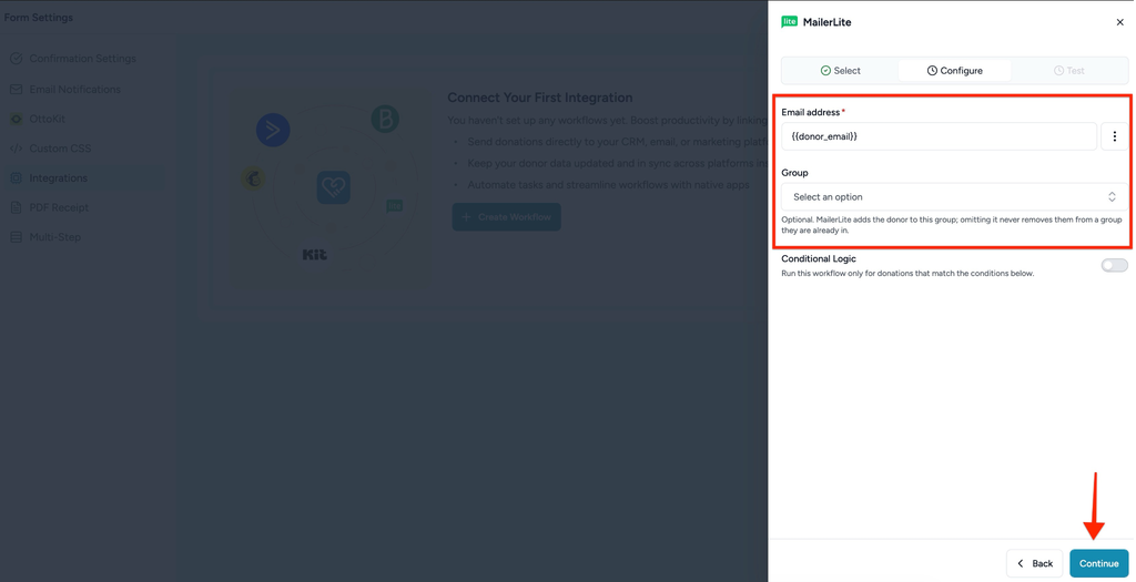 Connect MailerLite integration settings