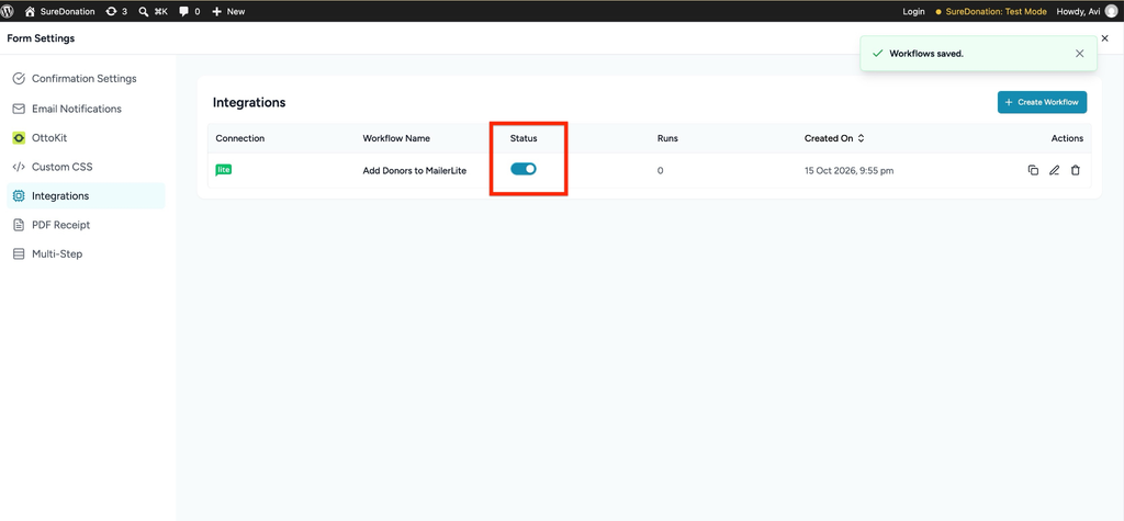 Workflow status toggle switch