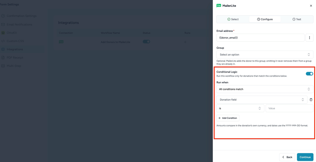 Conditional logic for donations