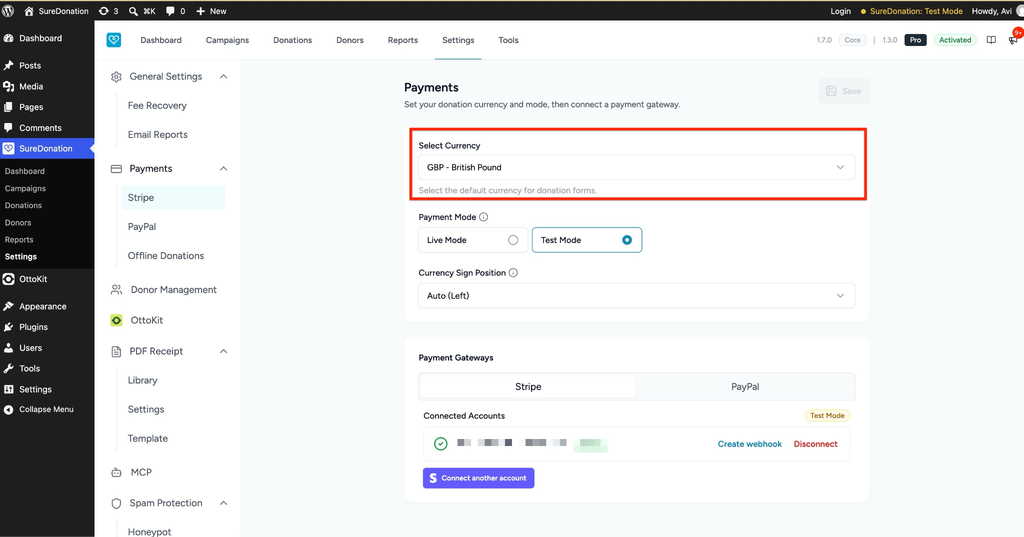 SureDonation payment settings currency.