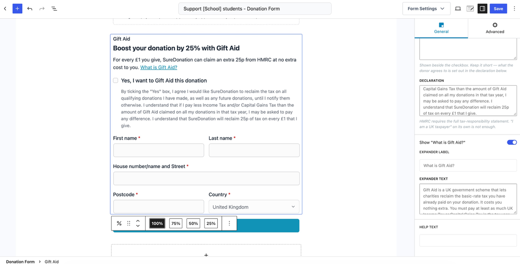 Gift Aid form fields