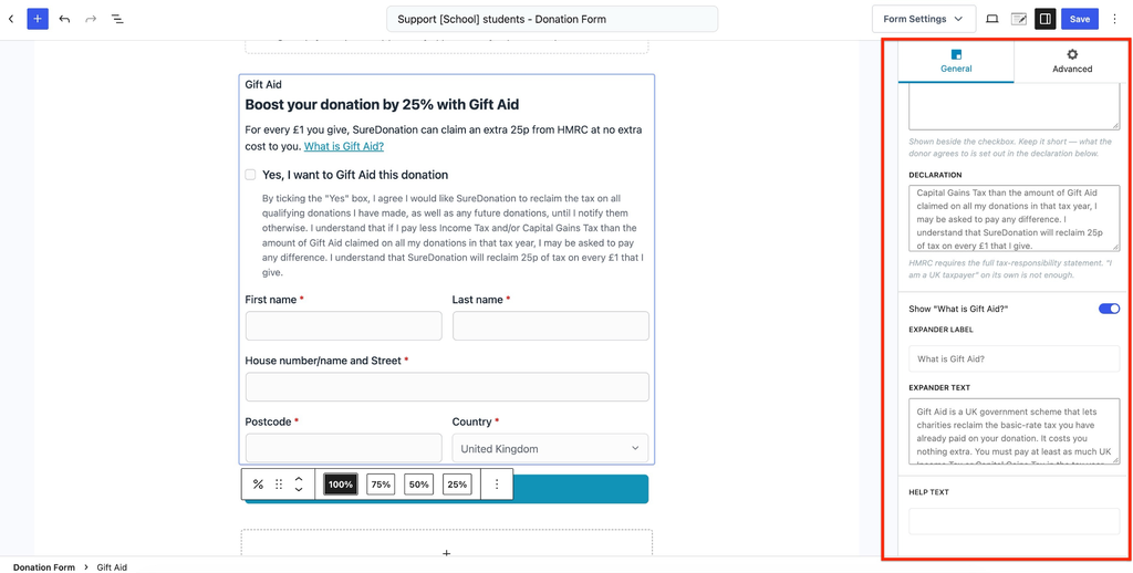 Gift Aid donation form settings