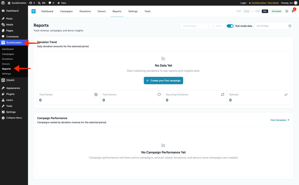 Reports in SureDonation SureDonation reports dashboard