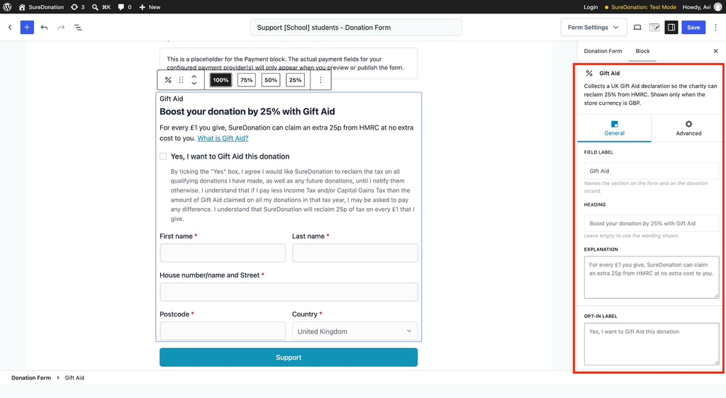 Gift Aid form settings on SureDonation