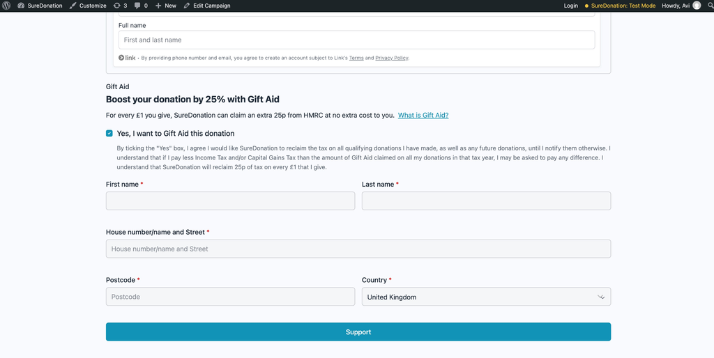 Donation form with Gift Aid option