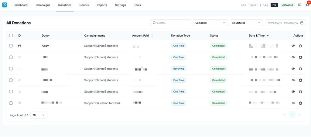 Donations list with status