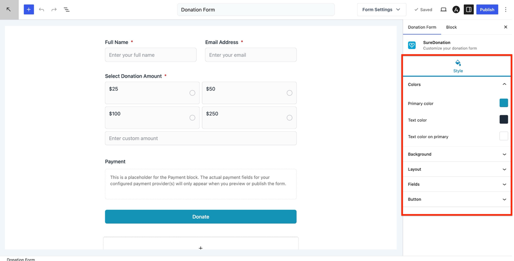 What Is SureDonation? Features, Fees, and Getting Started Donation form customization panel