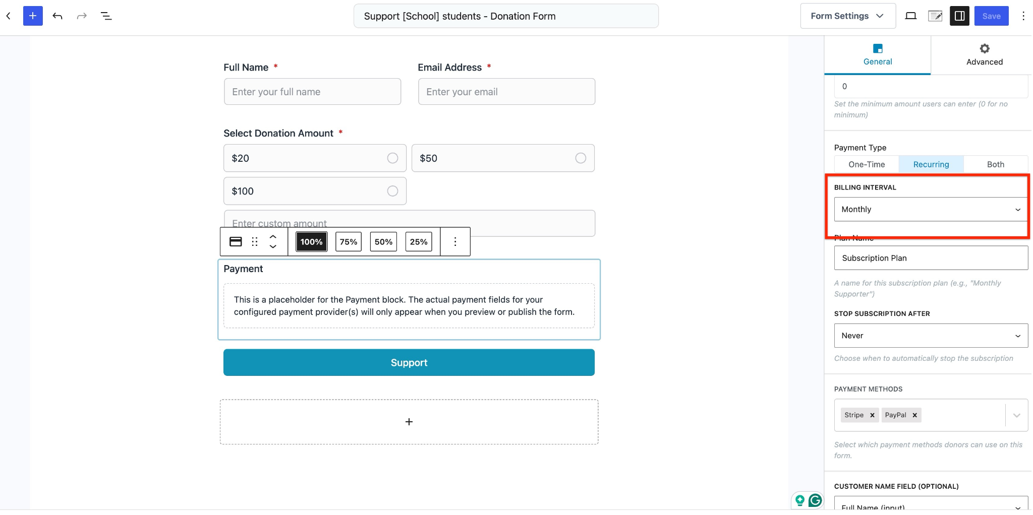 What Is SureDonation? Features, Fees, and Getting Started Monthly billing interval dropdown.